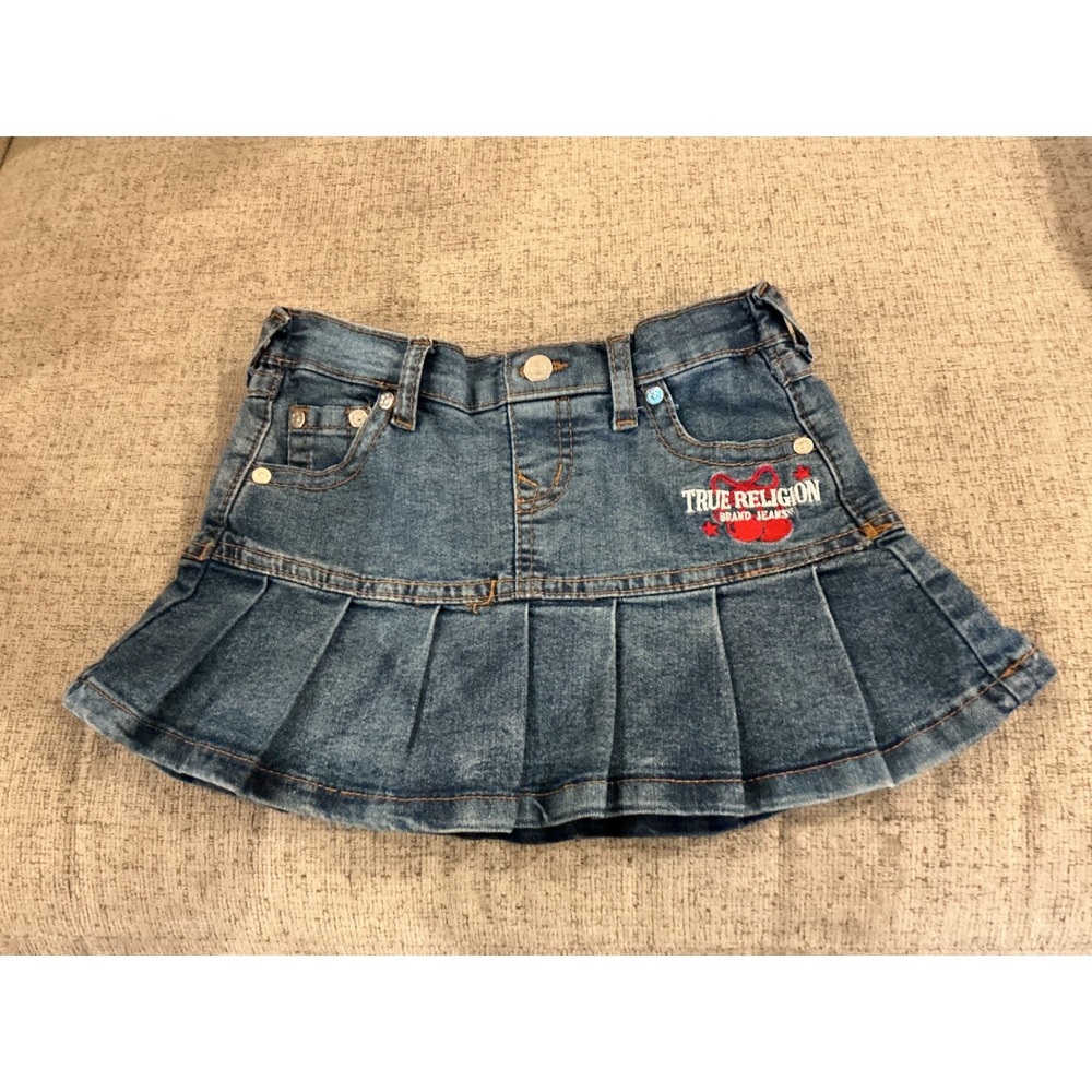 True Religion Girls Denim Pleated Skort Cherry Logo Medium Wash Blue 78946